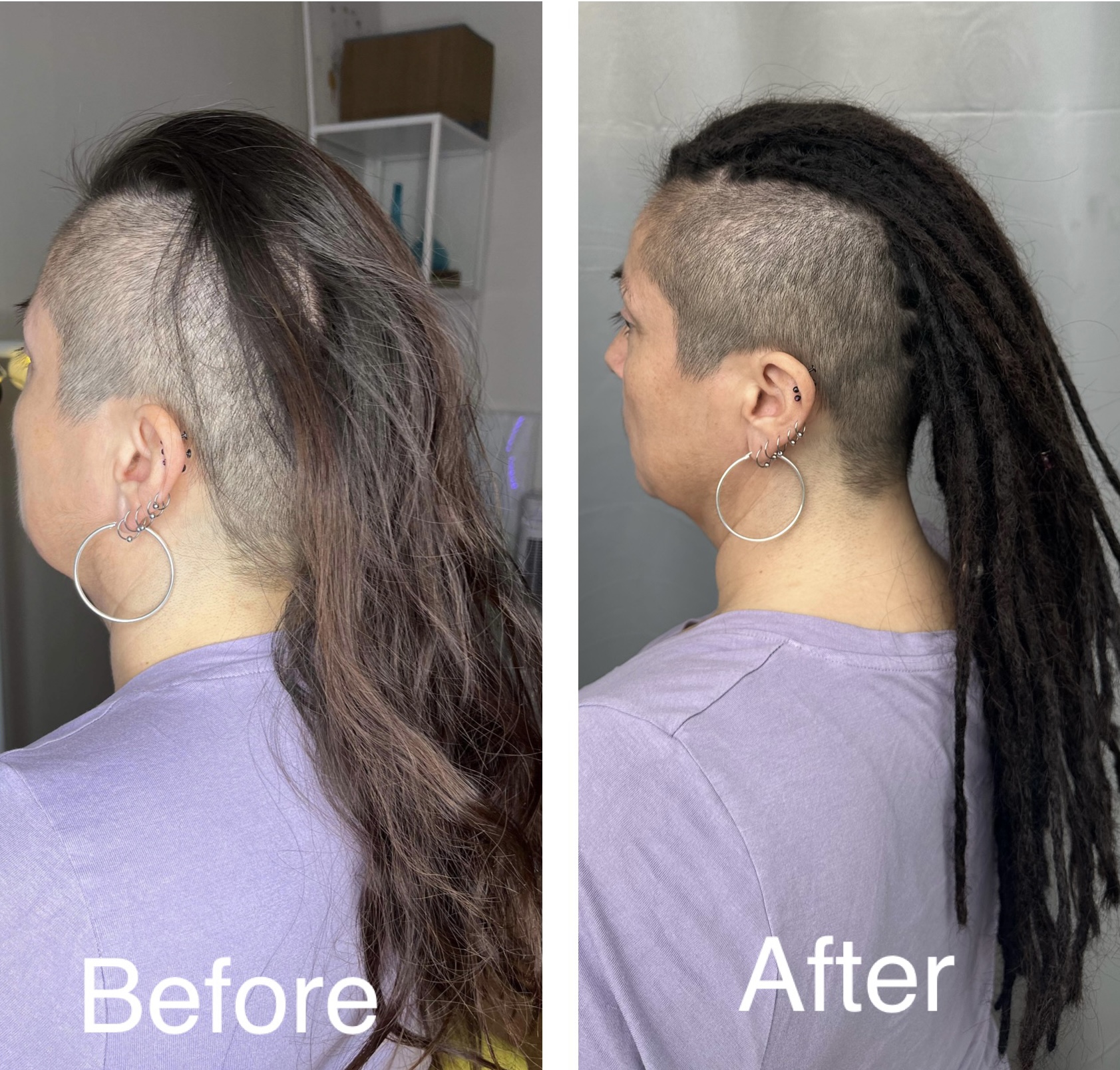 Före och efter dreadlocks, från sidan